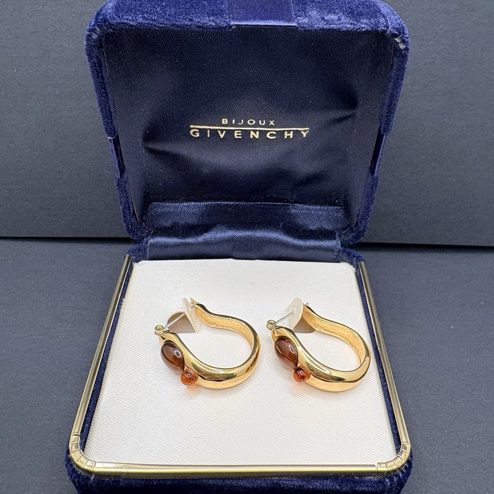 Vintage Givenchy Amber Cabochon Hoop Earrings Pierced Gold Tone w/ Box